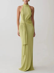 Halter neck draped knot maxi dress in lime green