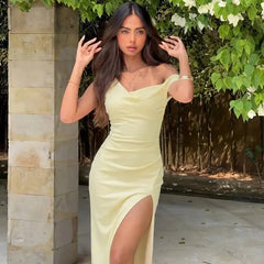 Asymmetrical Neck High Slit Maxi Dress