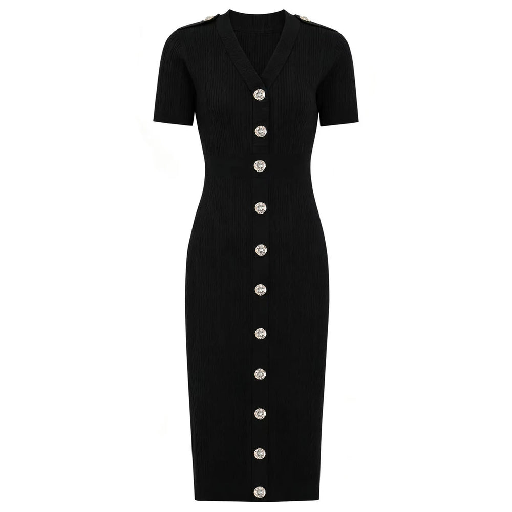 Black knit midi dress with silver buttons
