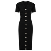 Black knit midi dress with silver buttons