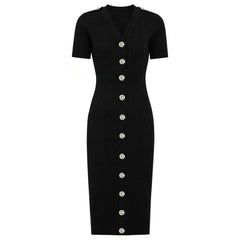 Black knit midi dress with silver buttons