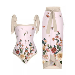 Floral Print Tie-Strap Bikini and Sarong Set