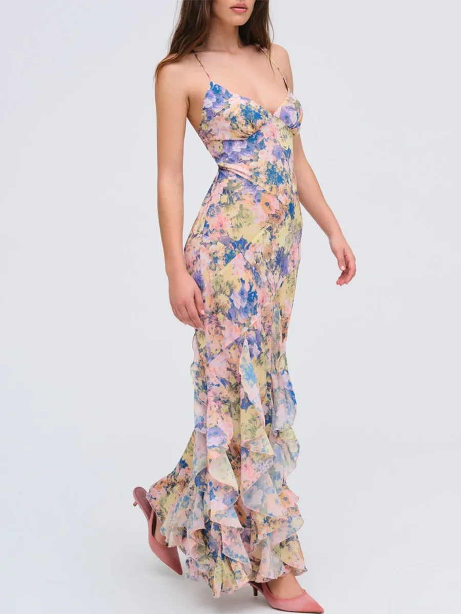 Watercolor print spaghetti strap trumpet hem ruffled gown side view