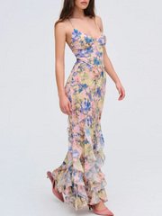 Watercolor print spaghetti strap trumpet hem ruffled gown side view