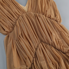 Brown V-Neck Draped Tiered Folds Maxi Dress