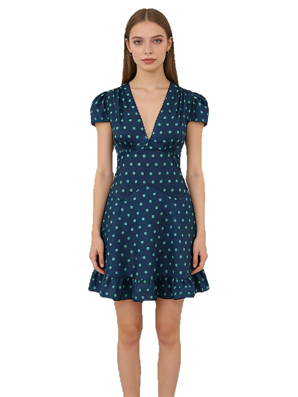 A-line mini dress with V-neck and puff sleeves on a model