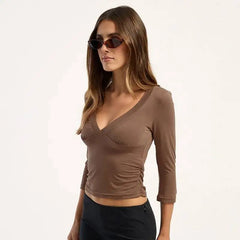 V Neck Three Quarter Sleeve Crop Top