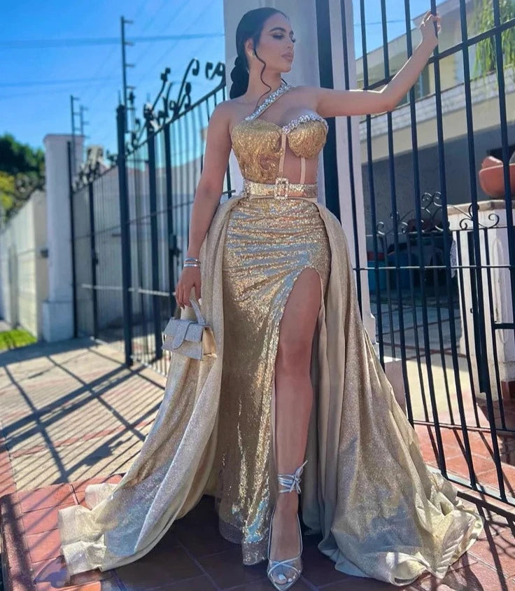Gold Mermaid Side Slit Beading Sequins Rhinestones Gowns