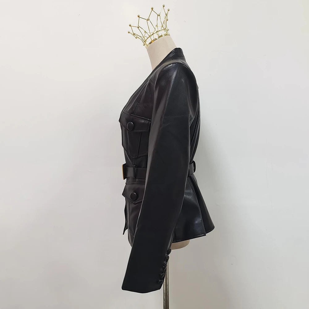 Black leather jacket on a mannequin with a gold crown against a white background