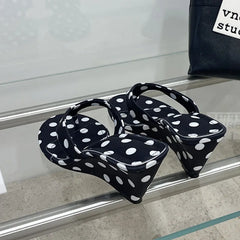 Black polka dot wedge flip-flops from the side
