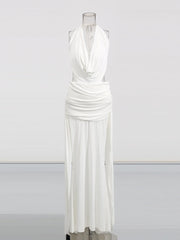 White Open Back Cowl Neck Drape Maxi Dress