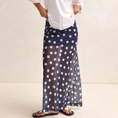 Polka dot mesh maxi skirt in navy blue with white dots