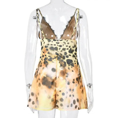Leopard Print Lace Trim Spaghetti Strap Mini Dress