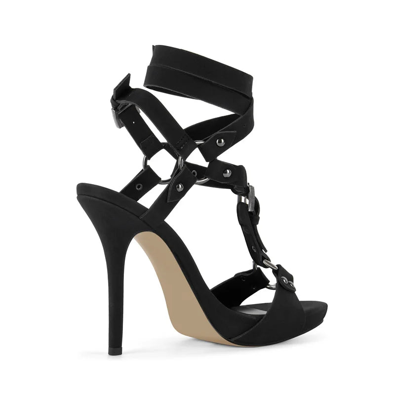 Black wrap strap platform stiletto sandals