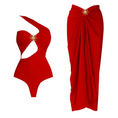 Red one-shoulder cut-out bodysuit and wrap skirt set with sunburst embellishment