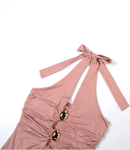 Pink halter neck dress with gold accents