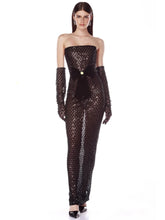 Strapless sequin mesh column dress with long gloves, front view