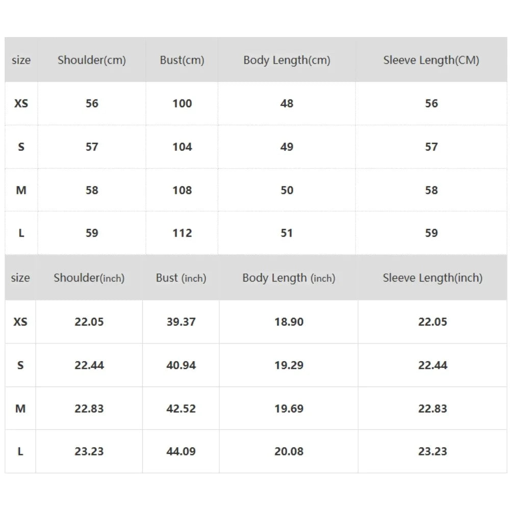 Size chart for clothing with measurements in centimeters and inches.
