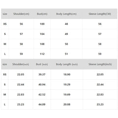 Size chart for clothing with measurements in centimeters and inches.