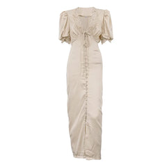 Lace V-Neck Puff Sleeve Maxi Dress