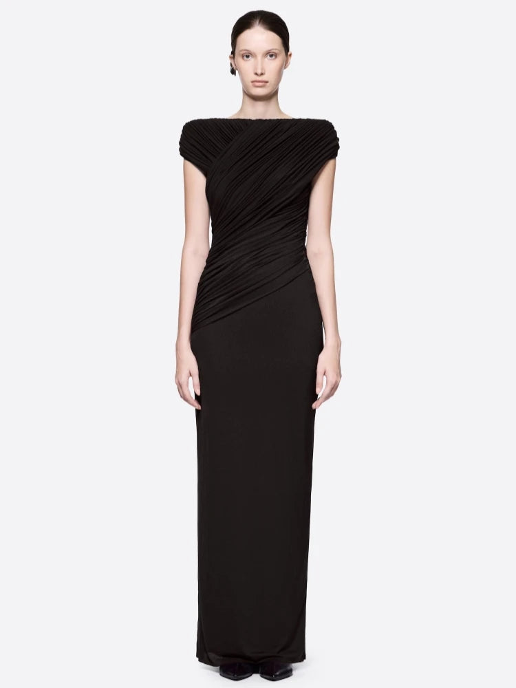 Draped Fold Detail Cap Sleeve Maxi Dress in black