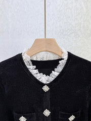 Round Neck Long Sleeve Diamond Button Lace Trim Mini Dress