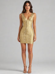 Gold deep v-neck sleeveless body-conscious mini dress