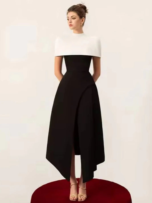Colorblock asymmetrical midi dress with mock neck