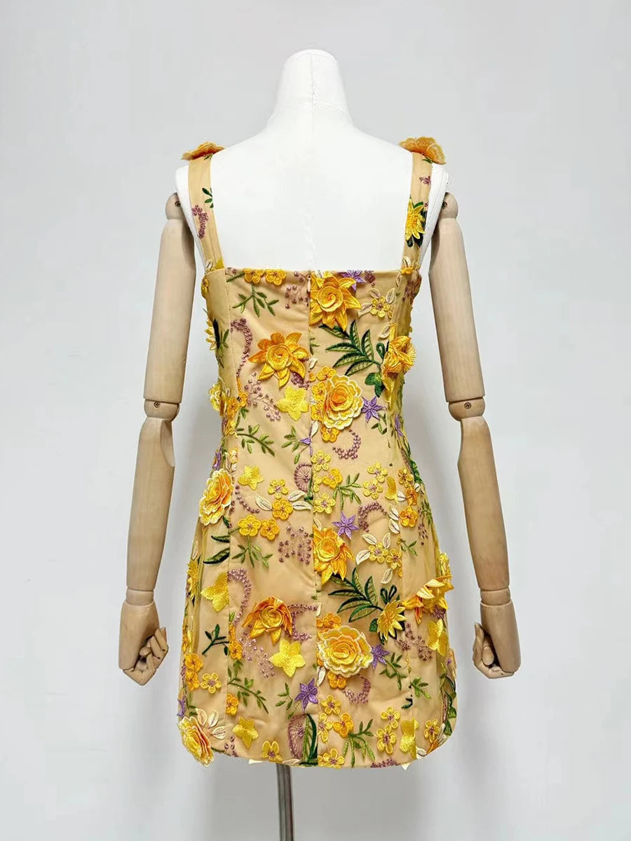 Mannequin wearing a floral dress with yellow flowers on a white background