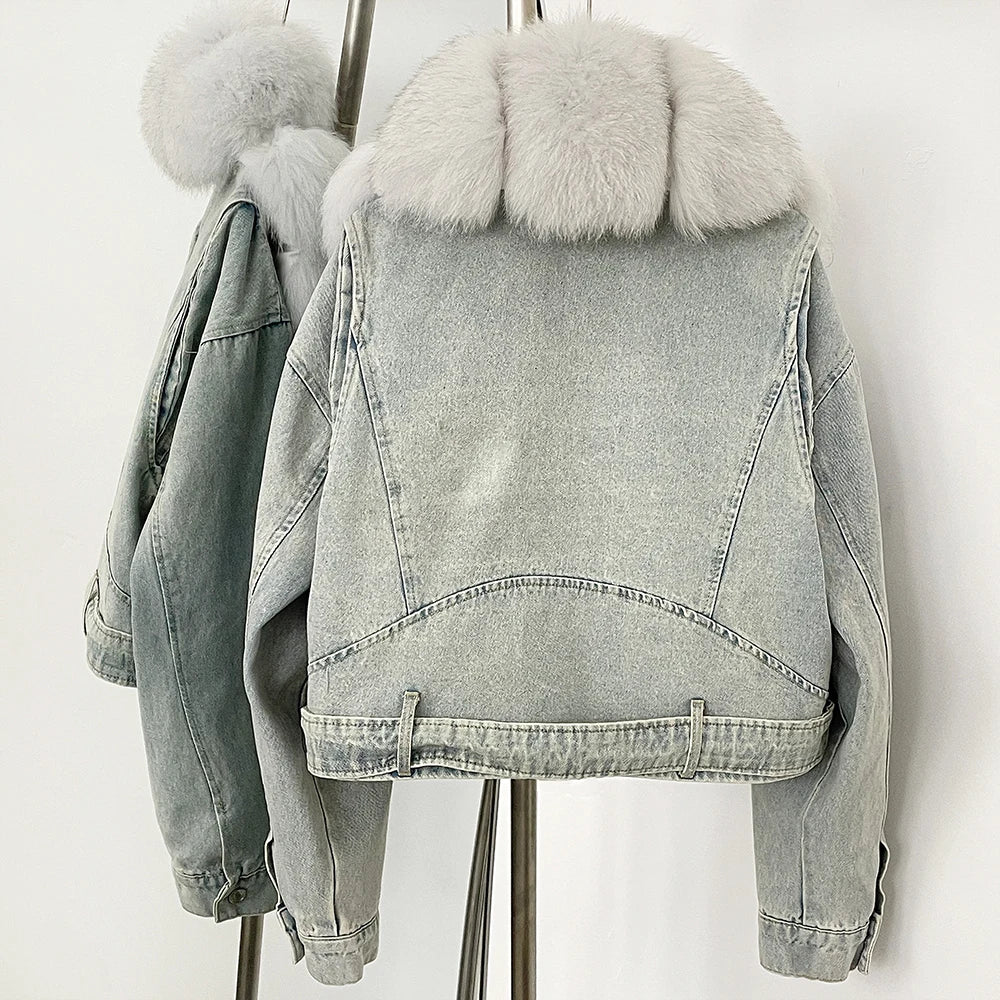 Light blue denim jacket with fur collar