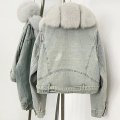 Light blue denim jacket with fur collar
