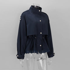 Utility Stand Collar Button Drawstring Peplum Jacket
