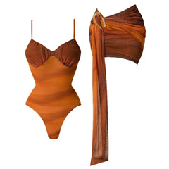 Brown and orange ombre effect one-piece swimsuit with sweetheart neckline and matching sheer draped sarong with buckle