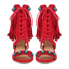 Red fringe jewel embellished stiletto boots with lace-up front
