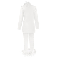 White outfit with long-sleeve top and pants on a white background