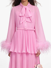 Round Collar Bow Neck Long Sleeve Pleated Maxi Dress