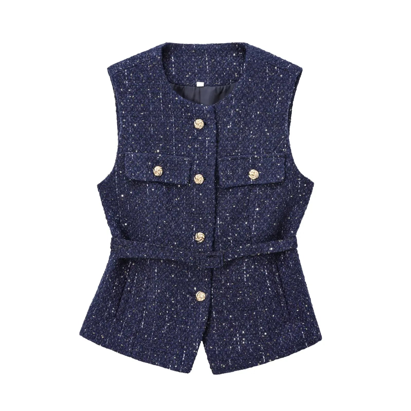 Navy blue patterned vest with gold buttons