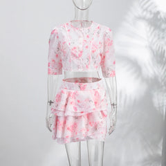 Floral Print Cropped Top and Ruffled Skirt Set