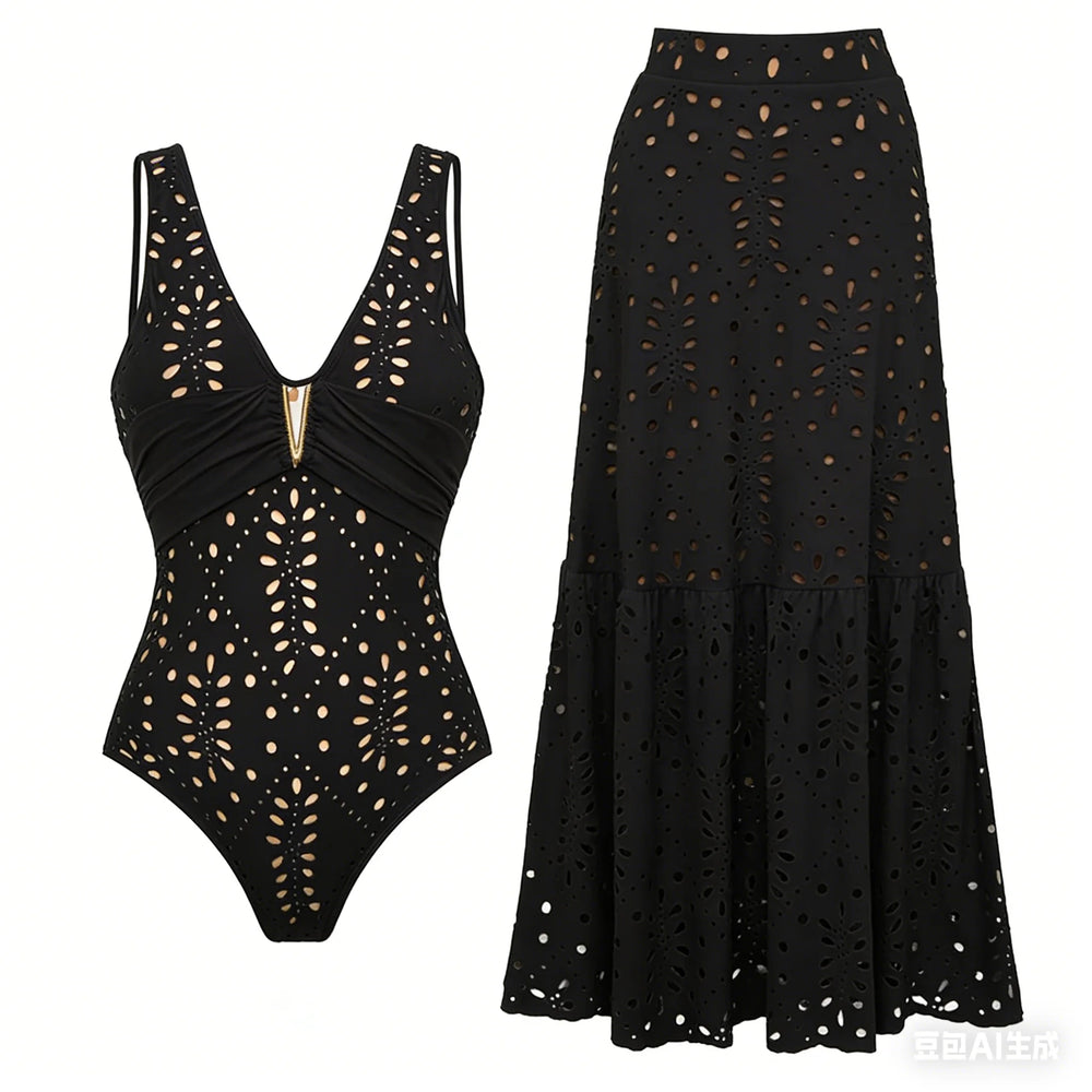 Black V-neck ruched cutout one-piece swimsuit and flowing maxi skirt set