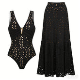 Black V-neck ruched cutout one-piece swimsuit and flowing maxi skirt set