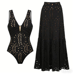 Black V-neck ruched cutout one-piece swimsuit and flowing maxi skirt set