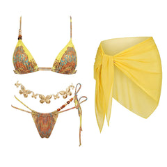 Print Embellished Bikini and Wrap Skirt Set