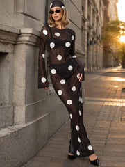 Polka dot mesh maxi dress styled outdoors