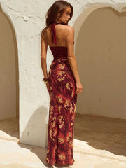 Halter V Neck Print Cut Out Maxi Dress