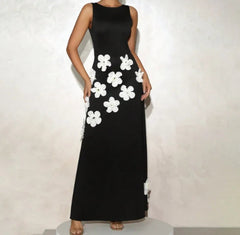 White Floral Embroidered Maxi Dress | Black 3D Flower Detail