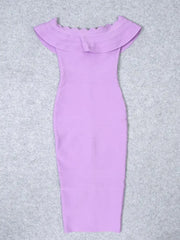 Purple off-shoulder dress on a gray background