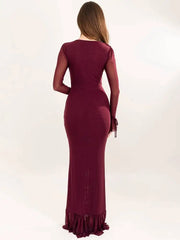Ruffled Mesh Sleeve V-Neck Maxi Dress