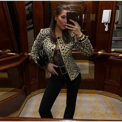 Leopard print O-neck jacket selfie