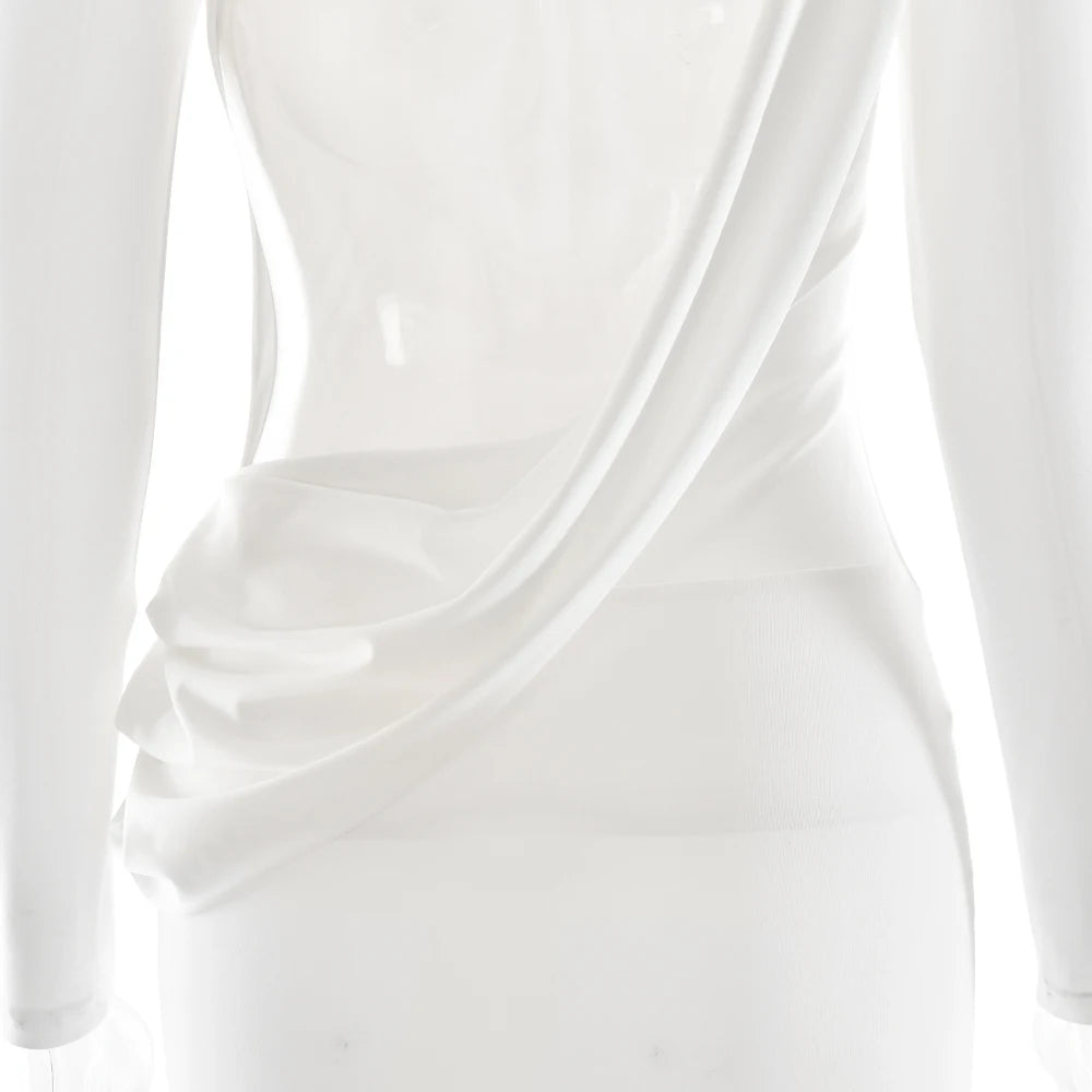 Close-up of a white satin dress with draped fabric