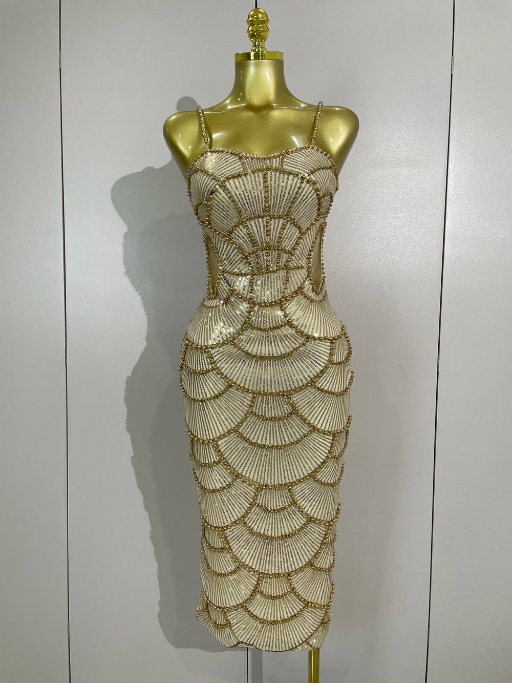 Beige beaded sequins spaghetti strap dress